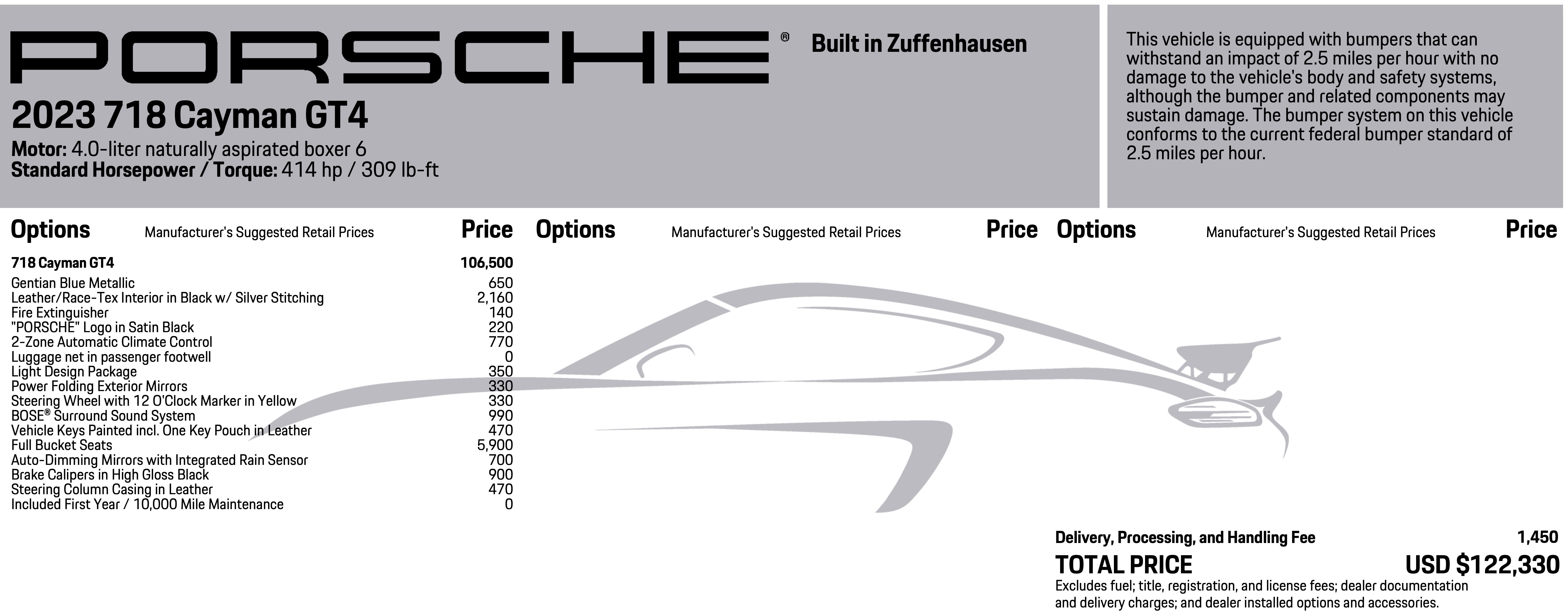 Porsche Cayman GT4 Build Sheet - Click to view full window sticker